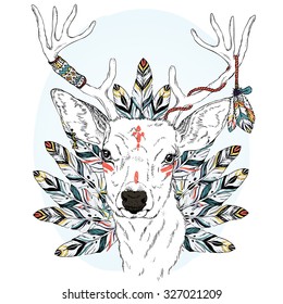 Cute deer with feathers sketch. Hand drawn vector illustration