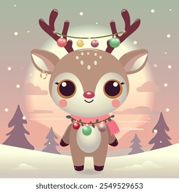 
Cute Deer with festive Christmas garlands on its antlers. Background features soft winter sunset. Vector illustration in pastel pink, brown tones. For greeting card, holiday decor, social media.