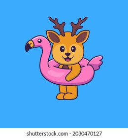 Cute deer With flamingo buoy. Animal cartoon concept isolated. Can used for t-shirt, greeting card, invitation card or mascot.