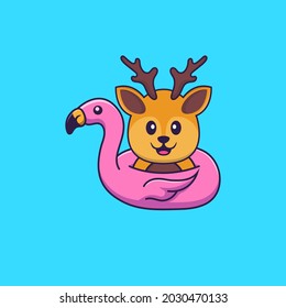 Cute deer With flamingo buoy. Animal cartoon concept isolated. Can used for t-shirt, greeting card, invitation card or mascot.