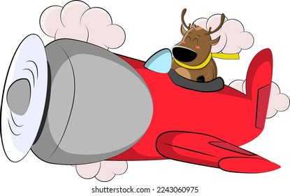 Cute deer flies on a red plane t looks at the clouds
