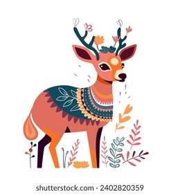 Cute deer with floral decorative ornament vector illustration. Cartoon isolated forest baby animal with flowers growing on antlers, funny reindeer character and wild autumn branch with leaves