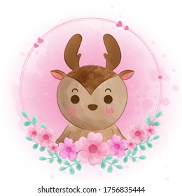 Cute deer in floral frame in water color.