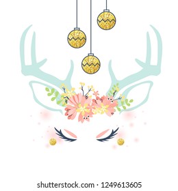 Cute deer with floral wreath, vector illustration.