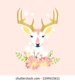 Cute deer with floral wreath, vector illustration.