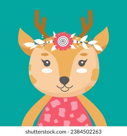 Cute deer with a flower crown. Vector illustration for childrens room decoration, posters, birthday greeting cards, T- shirt prints. head of an animal. Vector illustration
