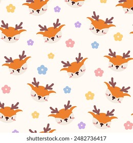 Cute Deer and Flower Pattern Design.Adorable Cartoon Deer Faces with Floral Elements.Kawaii Deer and Pastel Flowers Pattern.