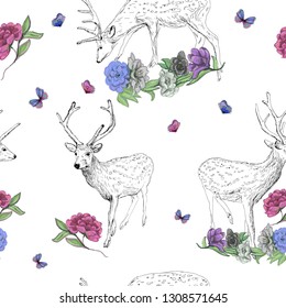 Cute deer and flower sketches, seamless vector pattern