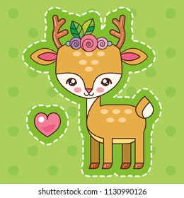 A cute deer with a flower wreath on his head. The deer in love. Kawaii style.