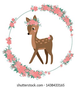 Cute deer in a flower wreath. Vector childish illustration isolated on white background. Print on clothes, poster, card. Pink, red flowers.