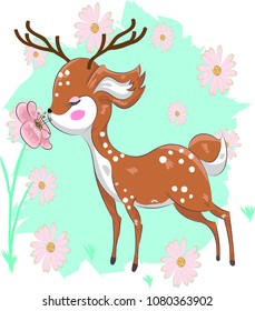 cute deer with flowers and heart vector for t-shirt print