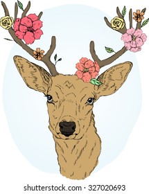Cute deer with flowers sketch. Hand drawn vector illustration
