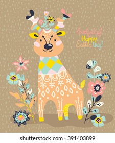 Cute deer with flowers. Spring card design. Easter card design. Vector