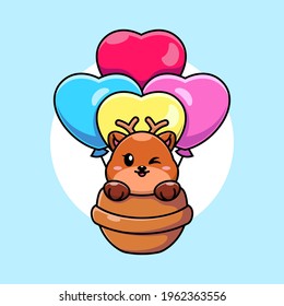 Cute deer flying with love balloon cartoon