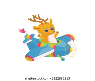 Cute deer flying on airplane or helicopter in cartoon flat style, vector illustration isolated on white background. Animal character operating plane, great for childish design.