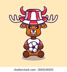 cute deer football supporter with ball and hat, suitable for football fans t-shirt or animal icon design