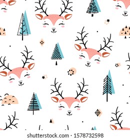 Cute Deer and Forest Abstract Background for Kids. Vector Seamless  Childish Pattern with Cartoon Doodle Reindeers and Trees. Christmas or New Year Holiday Wallpaper, Wrapping Paper