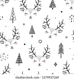 Cute Deer and Forest Abstract Background for Kids. Vector Seamless  Childish Pattern with Cartoon Doodle Reindeers and Trees. Christmas or New Year Holiday Design, Nursery Wallpaper