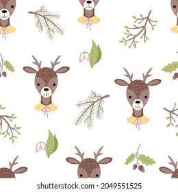 Venado lindo con plantas forestales sin soldadura en un fondo blanco. Ilustración vectorial para textiles, tejidos, interiores de vivero.