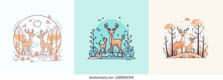 Cute Deer in forest set collection kawaii cartoon illustration