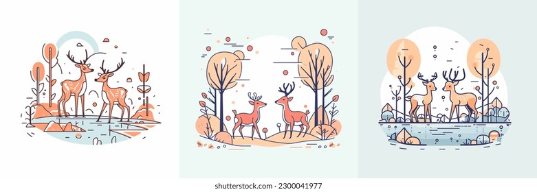 Cute Deer in forest set collection autumn animals cartoon illustration