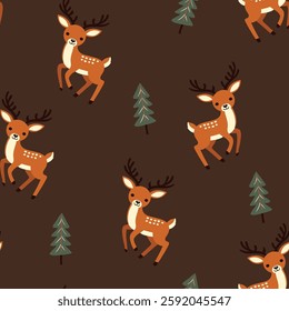 Cute deer with forest trees. Little deer, vector seamless pattern