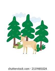 Cute deer in the forest in trendy flat style. Vector illustration isolated on white background. Cartoon kids scene poster. 