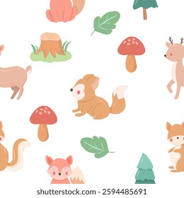 Cute Deer and Fox Cartoon Seamless Pattern