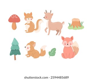 Cute Deer and Fox Cartoon Set