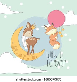 Cute deer and fox on the moon cartoon animal