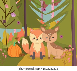 cute deer and fox with pumpkin foliage pine trees bushes hello autumn vector illustration