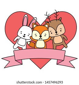 cute deer fox and rabbit animals heart love ribbon vector illustration