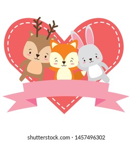 cute deer fox and rabbit animals heart love ribbon vector illustration