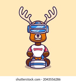 cute deer gamer playing game with virtual reality headset, suitable for t-shirt design or e sport club mascot