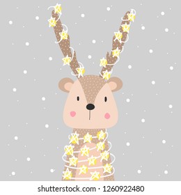 Cute deer and garland. For printing on textiles, children's illustration. Hand-drawn.