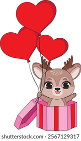 Cute Deer In Gift Box Valentine Vector