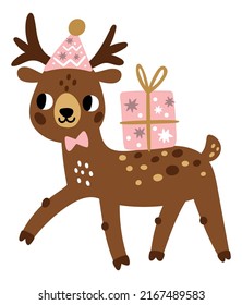 Cute deer with gift box. Winter holiday present