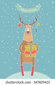 Cute deer with a gift on the background of winter landscape. Lovely Holiday concept design vector illustration cartoon style with a ribbon banner for greeting card, poster, banner.
