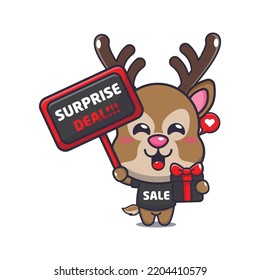 cute deer with gift and promotion sign in black friday cartoon illustration