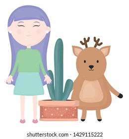 cute deer and girl with exotic cactus in ceramic pot