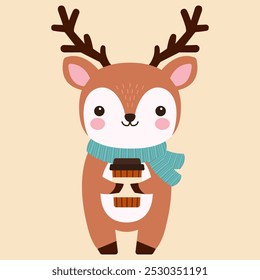Cute deer and glass of coffee. Vector flat illustration.
