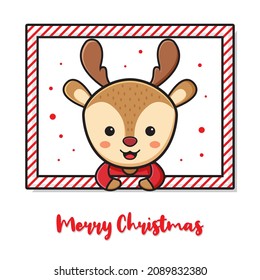 Cute deer greeting merry christmas and happy new year cartoon doodle card background illustration flat cartoon style