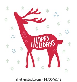 Cute deer hand drawn flat Christmas illustration. Happy holidays lettering. Wild animal isolated cartoon character. Winter holiday greeting card design