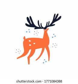 Cute deer hand drawn flat vector illustration. Majestic stag cartoon character. Adorable forest animal with large horns isolated on white background. Creative childish t shirt print design