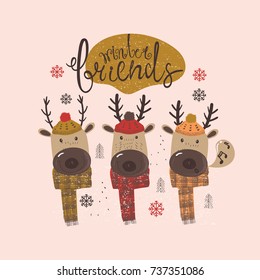 cute deer  ,hand drawn vector illustration.Can be used for kids or babies shirt design, fashion print design, t-shirt, kids wear, baby shower card,celebration card/ greeting card, invitation card