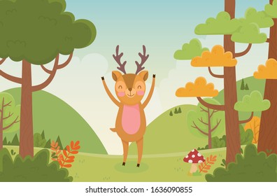 cute deer with hands up forest nature landscape vector illustration