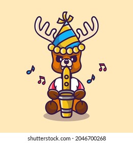 cute deer happy new year with trumpet and hat, suitable for happy new year t-shirt or mascot design