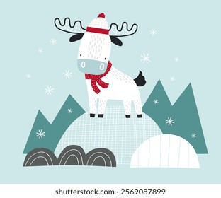 Cute deer in hat, mountains, iceberg and snowflake. Merry Christmas. Happy New Year. Cute cartoon baby character. Arctic animal. Kids postcard, poster, print. Vector illustration. Scandinavian