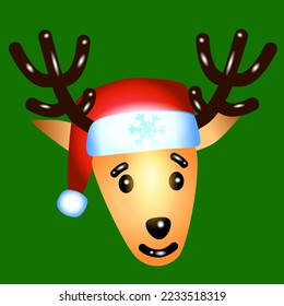 A cute deer head in a Christmas hat smiles on a green background. Vector illustration of a Christmas character.