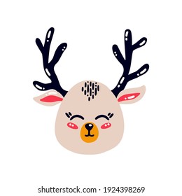Cute deer head. Flat vector illustration of a forest animal. Baby deer isolated on white background.
